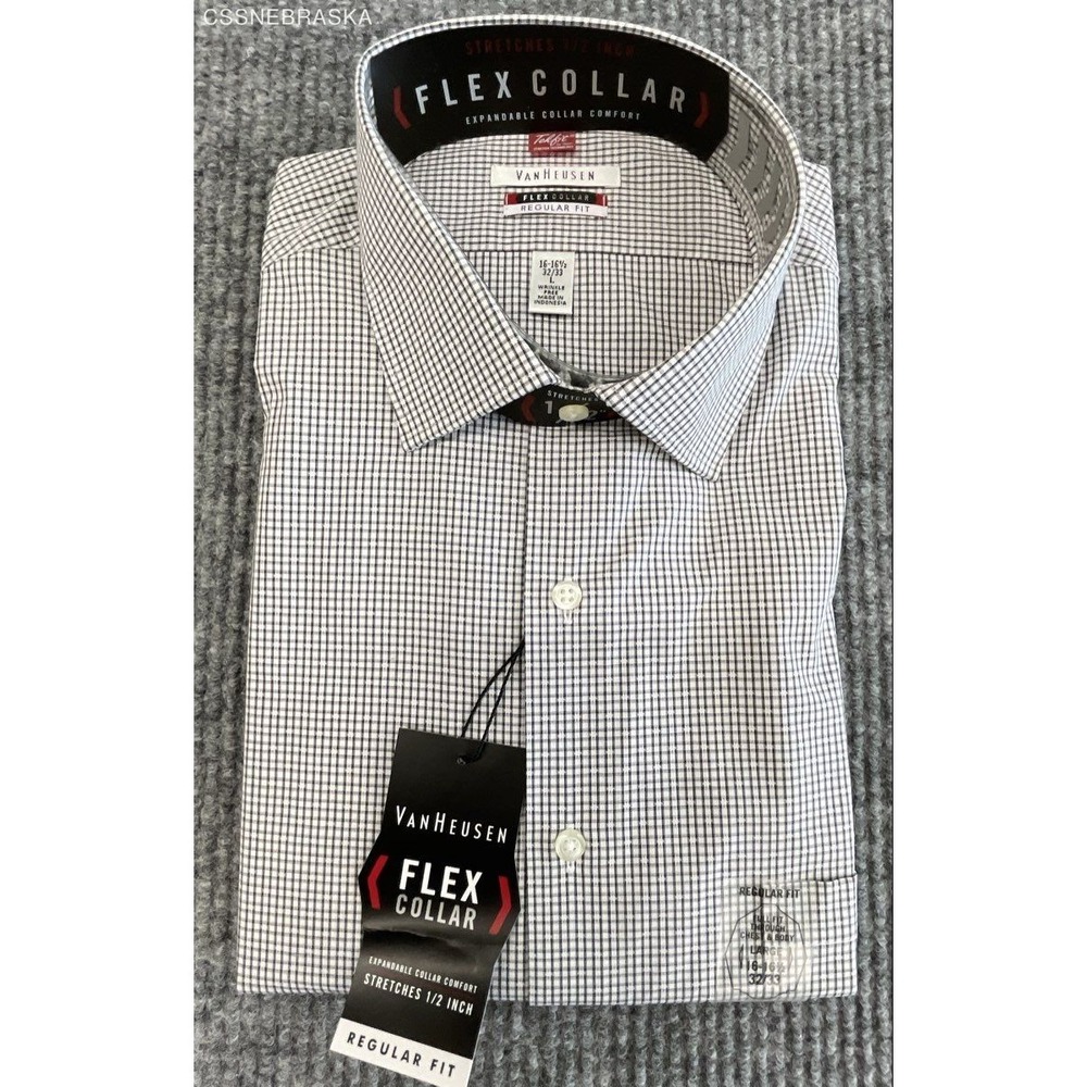 Van Heusen‎ Men's Dress Shirt Flex Collar Regular Fit Black White Check NWT Sz L